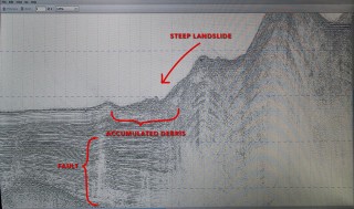 Seismic reflection images show the dramatic mass wasting process taking place near the subduction front. 