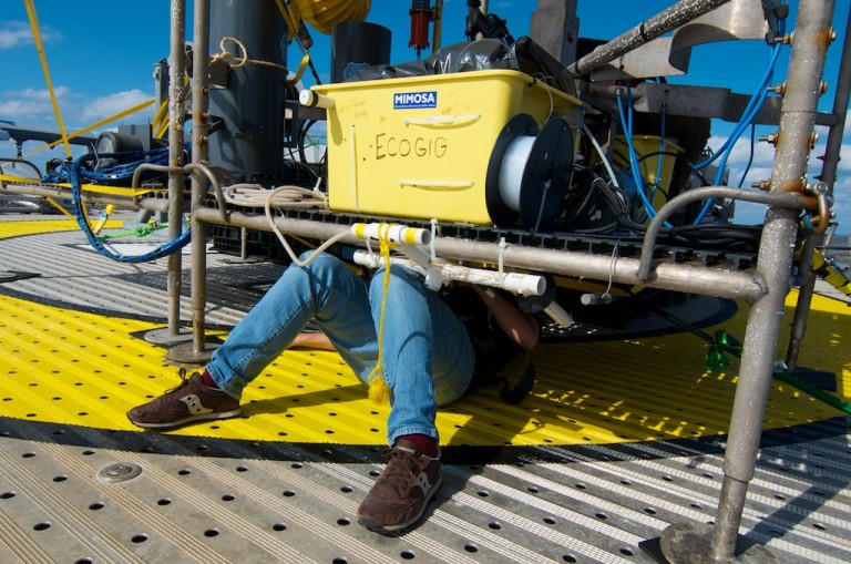 Microbiologist Dr. Beth Orcutt unbolts the yellow MIMOSA (Microbial Methane Observatory for Seafloor Analysis) experiment containers from the lander. She then carried the sample boxes to the cold van where the samples were preserved for post-cruise laboratory analyses.