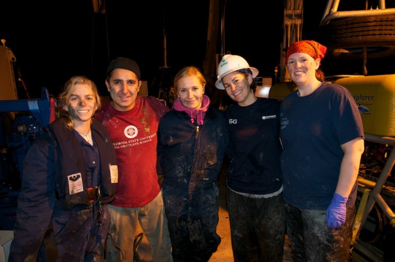 Erin Becker, Mauricio Silva, Sara Kleindienst, Jennie McClain Counts, and Jill Bourque celebrate after the last multicore sediment samples.