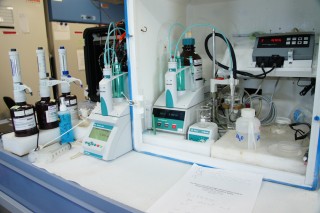 The lab station used to analyzed the oxygen levels in water samples collected using the CTD rosette.