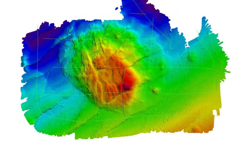 High resolution multibeam map of the newly named Falkor Seamount.