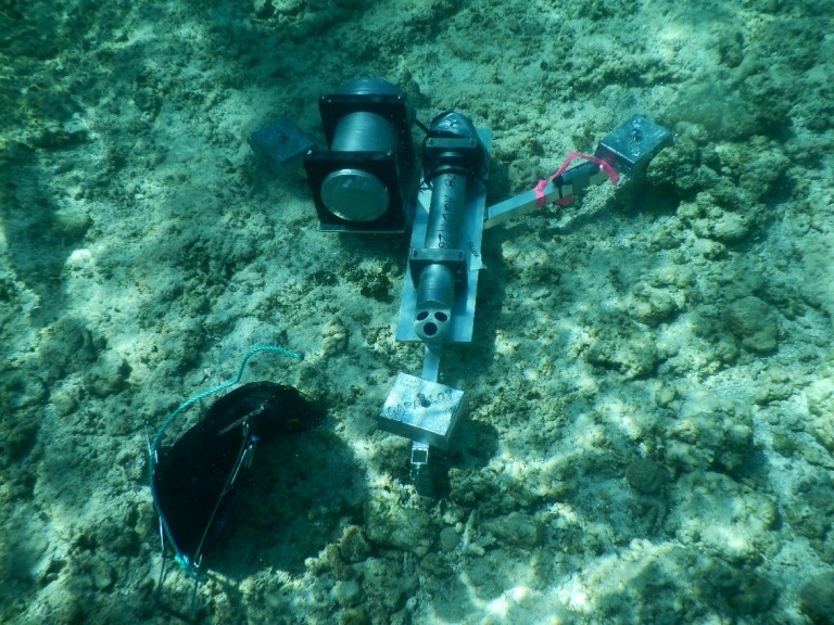 A frame deployed along the reef flat to measure temperature, water depth, and currents. 