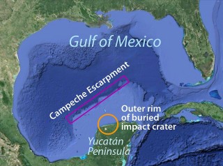 This map shows the Campeche Escarpment and the buried impact crater from an event that caused a global extinction event about 65 million years ago.