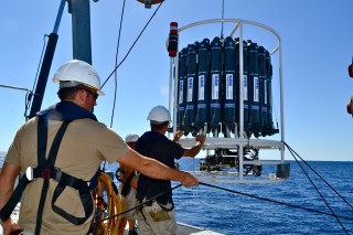 Data from sensors lowered on Falkor's CTD rosette will go to the Marine Geophysical Data System.