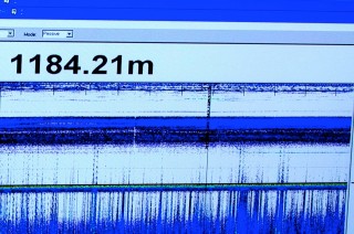 Datafeed from one of Falkor's sonar systems. The thick blue line in the middle is the deep scattering layer--the concentration of organisms that will be the focus of much of the team's work.