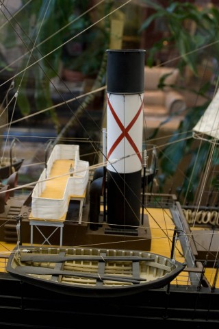 Photograph of the S.S. Terra Nova model made from plans and images of the vessel showing the main exhaust funnel and the bridge supports.