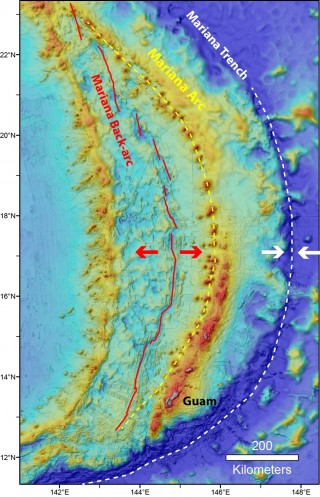 Map showing the locations of the Mariana Trench (white dashed line), Volcanic Arc (yellow dashed line), and Back-arc (red line). 