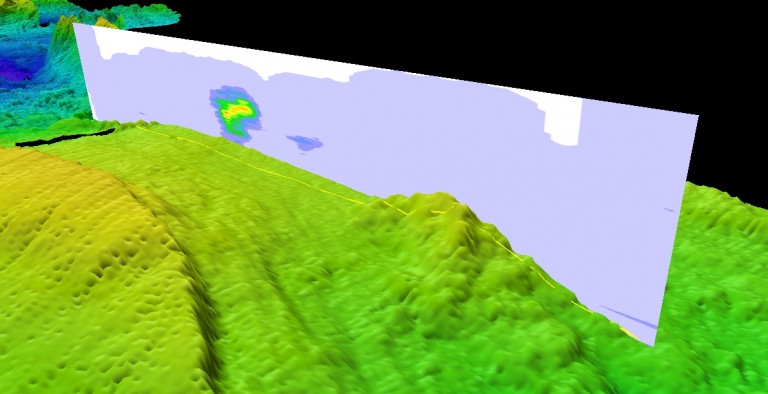Three-dimensional view showing the hydrothermal plume discovered at Segment 8 during the last CTD tow-yo (vertical plane) superimposed on seafloor bathymetry. 