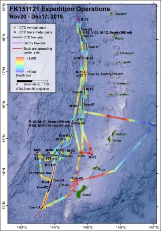 Map showing all the CTD casts and tows, and AUV Sentry dives we were able to accomplish during our 4-week expedition. 
