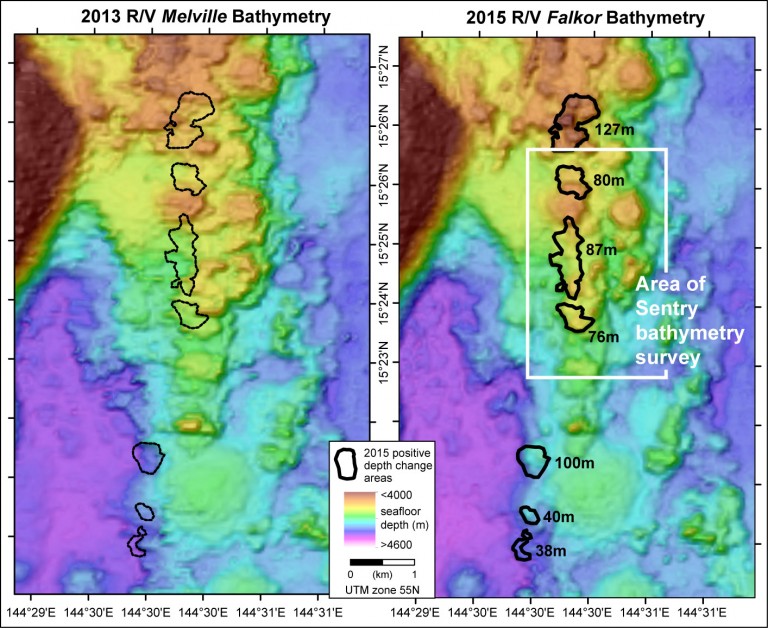 Maps showing the 2 ship multibeam bathymetry surveys in the area of the newly-discovered lava flows. The data on the left were collected in 2013, the data on the right in 2015. The black polygons are the new lava flows. Numbers on the 2015 map specify the maximum thickness of each lava flow in meters. The white box shows the area of the Sentry bathymetry survey. 