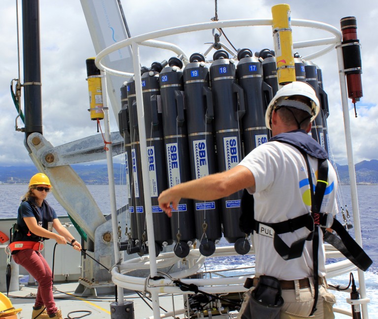 University of Hawaii graduate student Gabrielle Weiss learns how to secure the CTD rosette on the aft deck. 