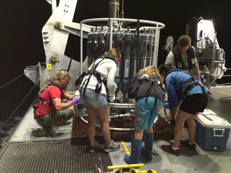 The science crew busily sampling the Niskin bottles after a night hydrocast. 