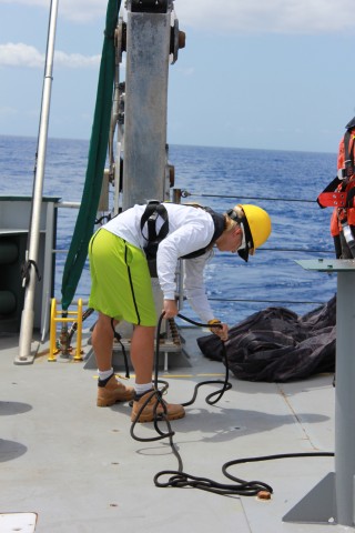 Graduate student Astrid Leitner, assists with the line while waiting for MOCNESS deployment.