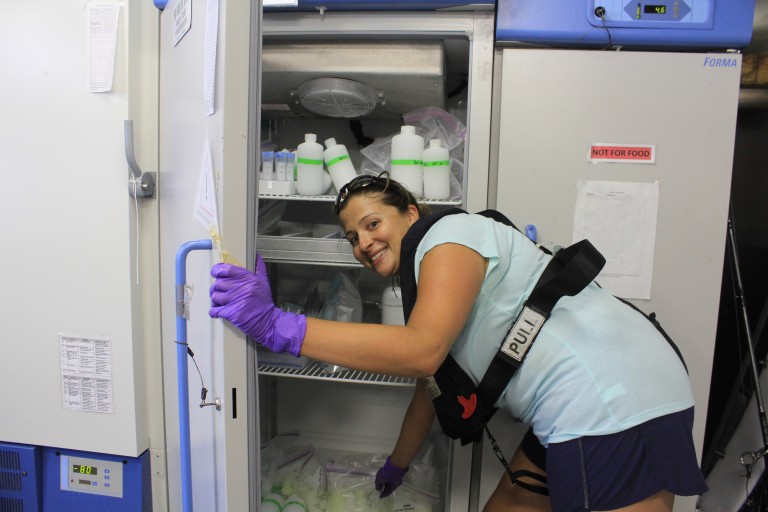 University of Hawaii graduate student Kristen Fogaren puts her seawater samples in the freeezer for processing back on land.