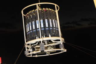 Day or night the CTD rosette is deployed to collect water samples for processing. 