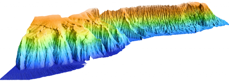 Perspective view of Campeche Escarpment generated with the multibeam data newly acquired by researchers onboard R/V Falkor. 