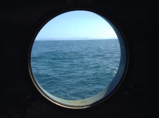 A view out the porthole as the RV Falkor steams to its first sampling station.