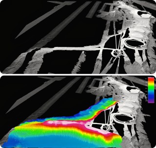 Comparision of previous multibeam coverage compiled over years (in gray shades) compared to the recently collected Falkor data overlain in color. 