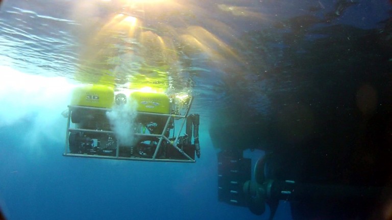 Clear waters and calm seas made for ideal conditions to record a view of the ROV Global Explorer MK3 underwater during recovery aboard R/V Falkor.