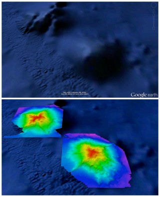 The Woollard and Wentworth Seamounts as they currently appear in Google Maps (top) and the view offered by Falkor's sonar. 