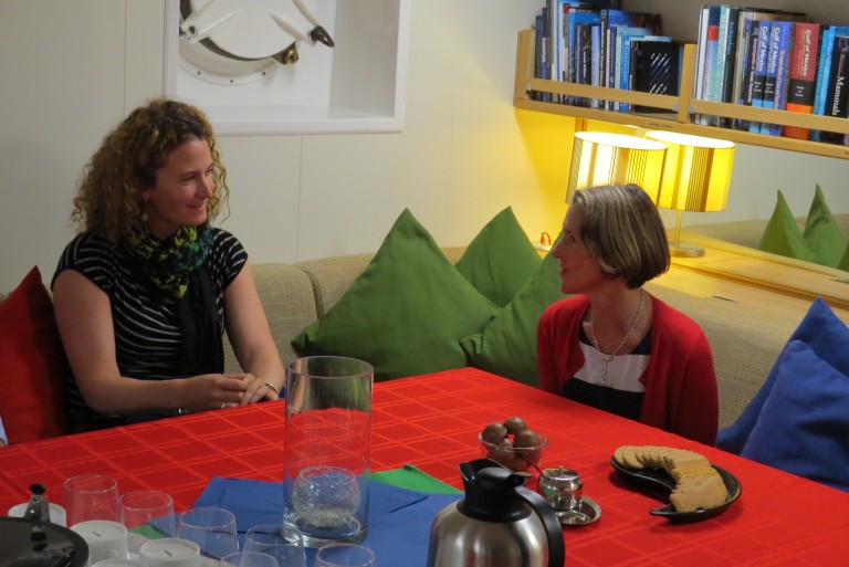 Her Excellency Professor the Honourable Kate Warner, AM, Governor of Tasmania and Cheif Scientist Amy Waterhouse chat over tea during a tour of Falkor.
