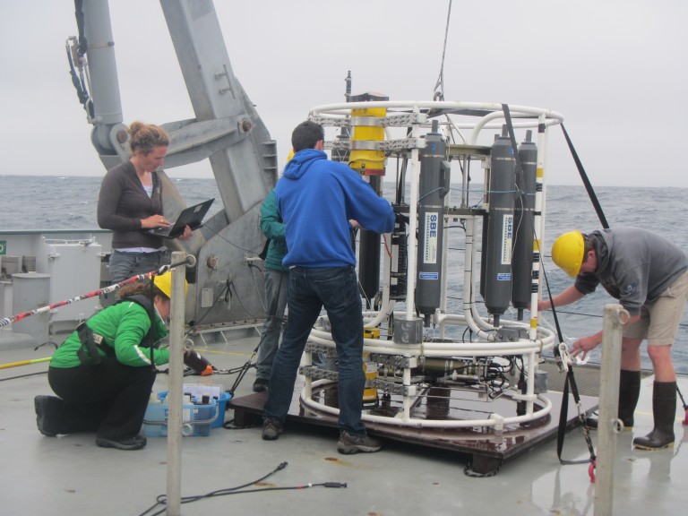 On-ship cooperation is as important as the collaborations between ships. Here members of Team T-Beam on Falkor (L. Rainville, A. Waterhouse, G. Pilo, and P. Strutton) work as a unit to collect samples, change Chi-pods, and re-prep the CTD in between casts. 