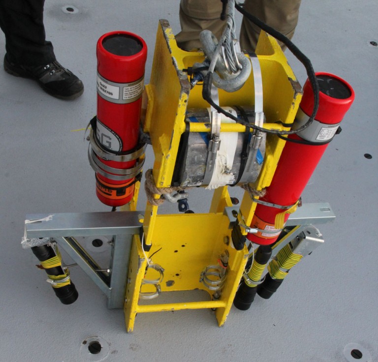 Simple High Resolution IMaging Package (or SHRIMP) with mounted high definition cameras and underwater flashlights ready for deployment on R/V Falkor aft working deck.