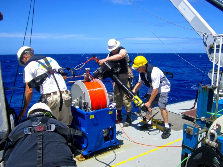 Glenn Carter and Falkor crew deploying the vertical microstructure profiler. 