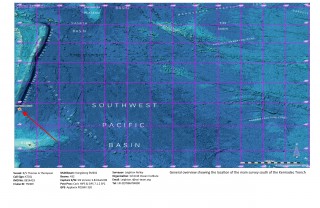 Imagery of location of Crean's Deep in a general overview, showing the location to the main survey south of Kermade Trench. 