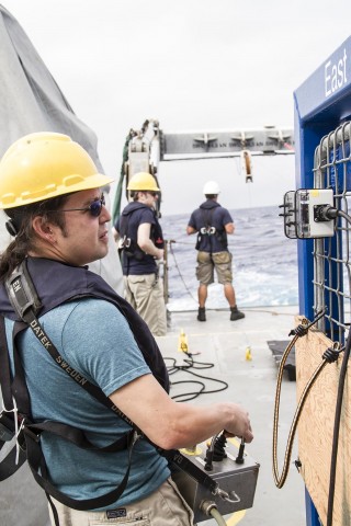 Dr Mak Saito handles the winch and lowers the aft rosette.