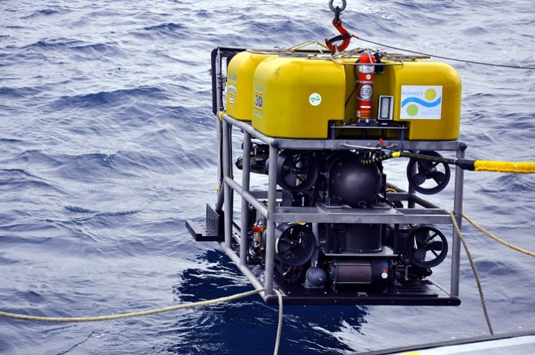 ROV entering the water. ROV launched today to inventory fish at an artificial reef. 