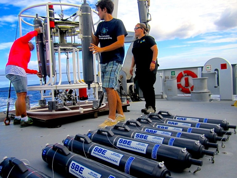 Prepping the water collection bottles on the CTD rosette.