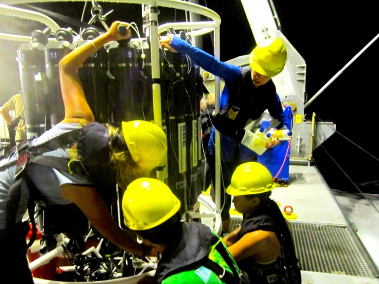Collecting water samples from the CTD after a night retrieval.