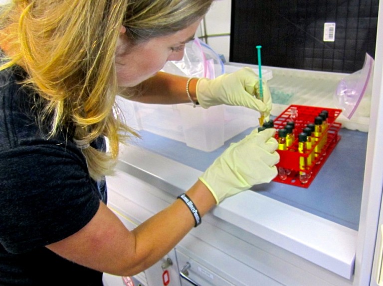 Geri Terlouw adds the fixative to water samples to allow later oxygen analyses.