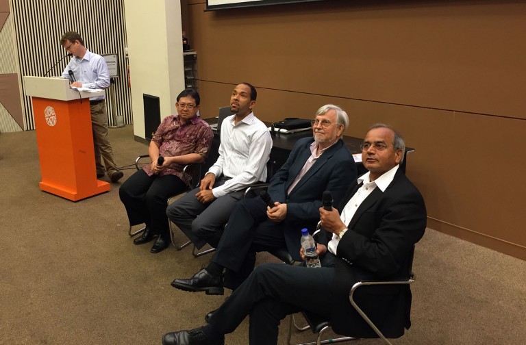 The panel for a student Question-and-Answer session at Singapore's Science Center for the "Unlocking Tsunami Secrets" cruise. Speakers include Haryadi Permana (LIPI), Paul Tapponnier (EOS), Leonard Pace (SOI), and Satish Singh (EOS/IPGP). 