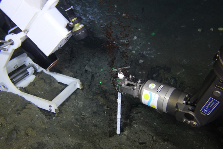 The ROV positioned a specially-designed video time lapse camera (VTLC) on the edge of a natural seep. It will record video clips of the seep over the next two days until the researchers return with the ROV to retrieve it. 