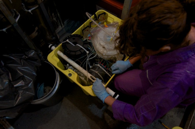 Microbiologist Beth Orcutt extracts the samples collected by MIMOSA (Microbial Methane Observatory for Seafloor Analysis) that has been on a benthic lander on the seafloor since April.
