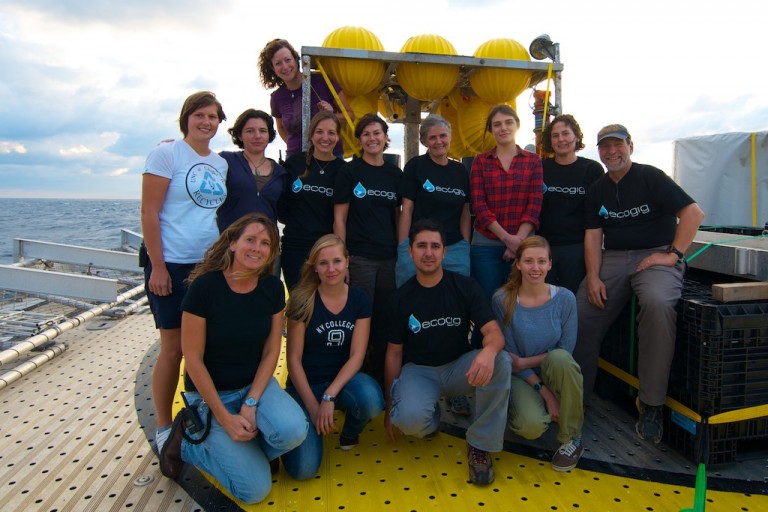 Leg 1 science party gathers around the benthic landers for a group photo. Back row: Carolin Dewald, Iliana Baums, Beth Orcutt (top), Caroline Johansen, Jennie McClain Counts, Barbara MacGregor, Arielle Anderson, Maggie Esch, Ian MacDonald. Front row: Debbie Nail Meyer, Sara Kleindeinst, Mauricio Silva, Danielle Young. 