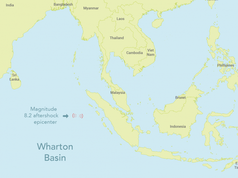 The location of the 2012 magnitude 8.2 unprecedented aftershock