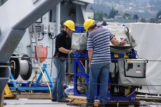 Rowan Fox and Chris McKay spooling a new tow cable onto the Moving Vessel Profiler.