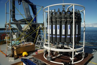 The CTD rosette and MVP equipment on Falkor's aft deck.