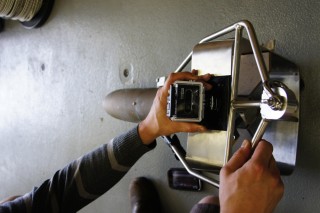 One of the "fish" used with the Moving Vessel Profiler. This one, the team is fitting with a GoPro camera, so check back later in the cruise for an MVP-eye view of the waters below.