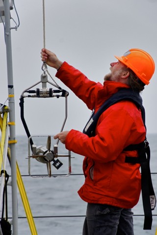 Jody Klymak deploying the "fish" during a Moving Vessel Profiler launch.