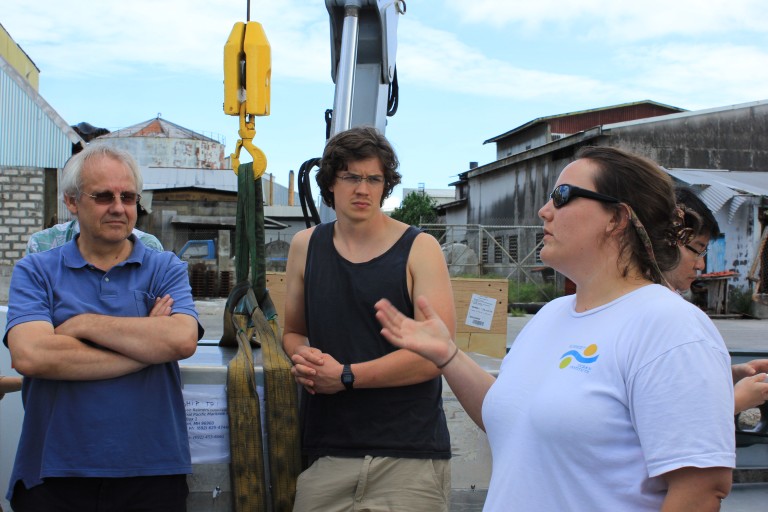 Lead Marine Technician Colleen Peters talks Chief Scientist Dr. Kelvin Richards through the science mobilization.