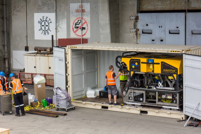 Unpacking ROV SuBastian after its shipment across the Pacific, from California to Guam. 