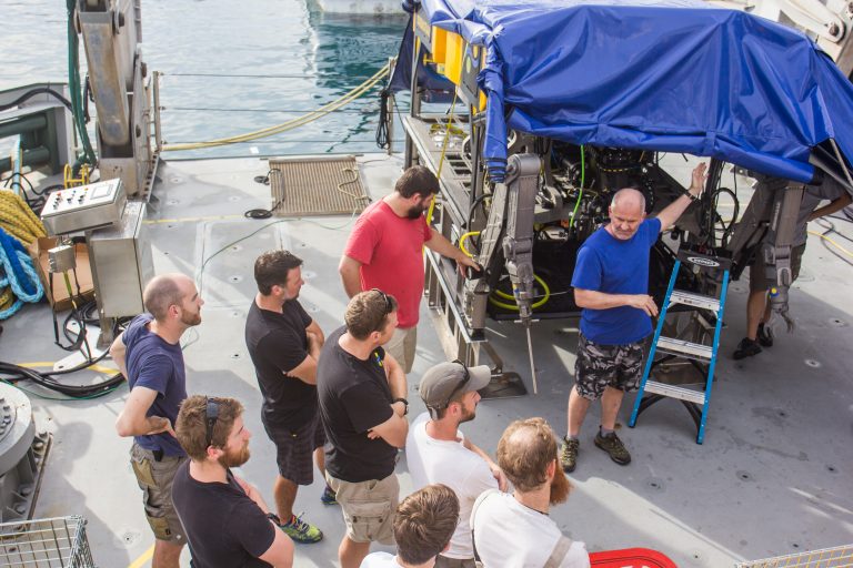 Lead ROV Manager David Wotherspoon demonstrates SuBastian’s capabilities to the Falkor crew.