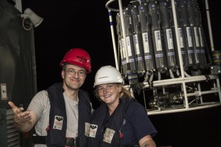 Marine Technician Veit Huehnerbach and Deckhand Sandra Faryna after deploying the CTD rosette. 