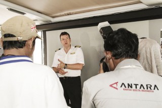 Captain Bernd Buchner meets the press after R/F Falkor docked in Padang, Indonesia.