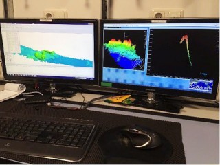 CARIS software displayed showing a seamount and screens used to remove outliers from data. From the broad strip - or "swath" - of data along our tract (on the left), we can display a portion in 3D (in the middle). 