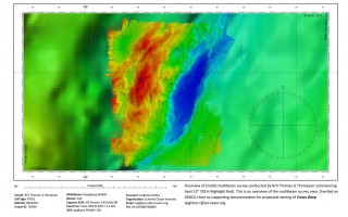 Overview of Em302 multibeam survey conducted by R/V Thomas G Thompson commencing April 15th 2014 (Highlight Red). This is an overview of the multibeam survey area. Overlaid on GEBCO chart as supporting documentation for proposed naming of Crean Deep.
